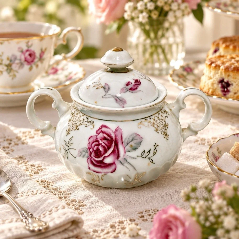Vintage Japan Covered Sugar Bowl Pink Rose Floral Gold Trim Double Handle